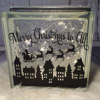 Glasbaustein, beleuchtet, Weihnachten Christmas, "Merry Christmas to all", Santa Claus mit Schlitten über Häuser Bild 4