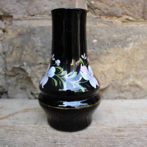 Vase Hyalithglas Schwarzglas Blumendekor Emaillefarben Handbemalt 50er 60er Jahre DDR Bild 2