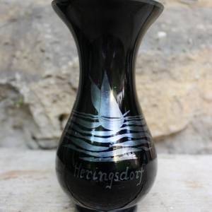 Vase Hyalithglas Schwarzglas Souvenir Heringsdorf Emaillefarben Handbemalt 50er Jahre DDR Bild 2