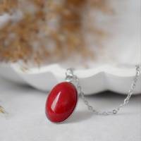 Kette Jade Rot Silber, Oval Edelstein Anhänger, Statement Halskette roter Stein, lange rote Kette, Jade Schmuck Damen Bild 1