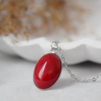Kette Jade Rot Silber, Oval Edelstein Anhänger, Statement Halskette roter Stein, lange rote Kette, Jade Schmuck Damen Bild 2