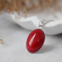 Kette Jade Rot Silber, Oval Edelstein Anhänger, Statement Halskette roter Stein, lange rote Kette, Jade Schmuck Damen Bild 3