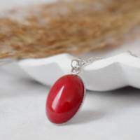 Kette Jade Rot Silber, Oval Edelstein Anhänger, Statement Halskette roter Stein, lange rote Kette, Jade Schmuck Damen Bild 5