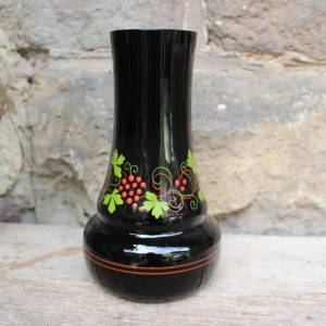 Vase Hyalithglas Schwarzglas Weinlaub Trauben Dekor Emaillefarben Handbemalt 50er 60er Jahre DDR Bild 1
