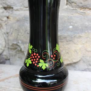 Vase Hyalithglas Schwarzglas Weinlaub Trauben Dekor Emaillefarben Handbemalt 50er 60er Jahre DDR Bild 2