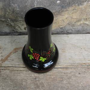 Vase Hyalithglas Schwarzglas Weinlaub Trauben Dekor Emaillefarben Handbemalt 50er 60er Jahre DDR Bild 4