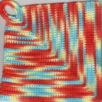 T0099 gehäkelt 2 Topflappen Untersetzer ca. 20 x 20 cm 100 % Baumwolle Handarbeit rot / rot blau gelb bunt Bild 2
