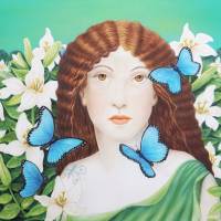Original Wohnzimmer Airbrush Bild Frau mit Schmetterlingen und Blumen in Acryl, Wandbild Bild 1