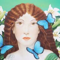 Original Wohnzimmer Airbrush Bild Frau mit Schmetterlingen und Blumen in Acryl, Wandbild Bild 5