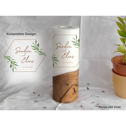 Hochzeitskerze Greenery Hexagon - Holzkerze