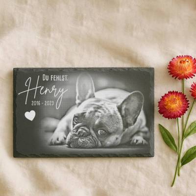 30 x 20 cm personalisierte Schiefertafel als Gedenkstein für Tiere mit Gravur, Foto & Wunschtext – wetterfest & einzigartig