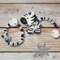 Set aus Schnullerkette & Beißkette mit Silikon Zebra & Namen Bild 1