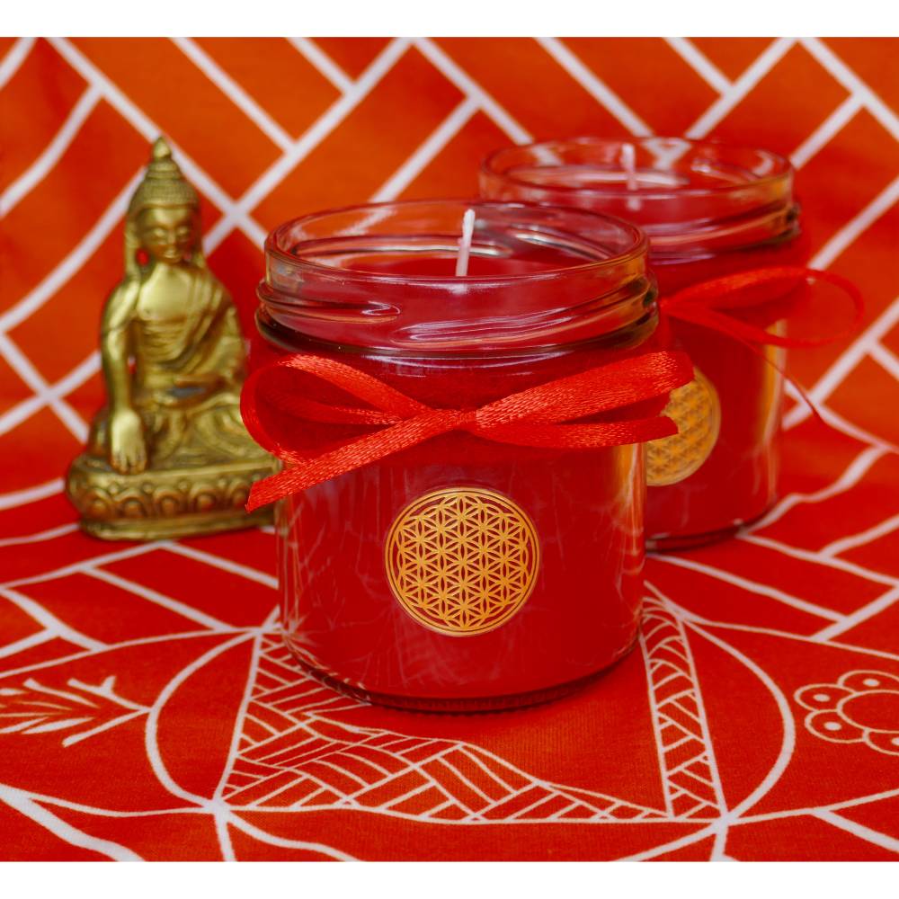 Hochwertige Chakra Kerze | Wurzelchakra | Blume des Lebens Bild 1