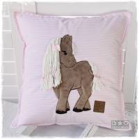 Kissen 40cmx40cm, rosa/weiß mit Doodlestickerei Pferd, personalisierbar Bild 1