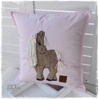 Kissen 40cmx40cm, rosa/weiß mit Doodlestickerei Pferd, personalisierbar Bild 5
