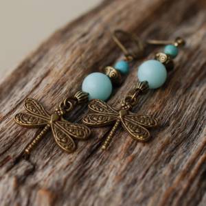 Ohrringe Libelle im Boho Style - türkis und bronze Bild 1