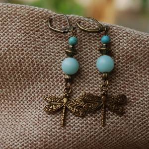 Ohrringe Libelle im Boho Style - türkis und bronze Bild 4