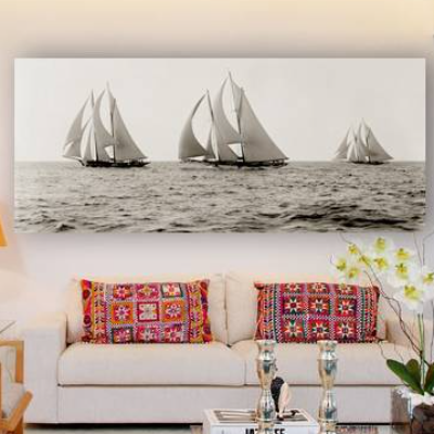 Leinwandbild Segelschiffe auf dem Meer um 1892 maritim - Panorama - Historische Schwarz weiß Fotografie  Geschenkidee