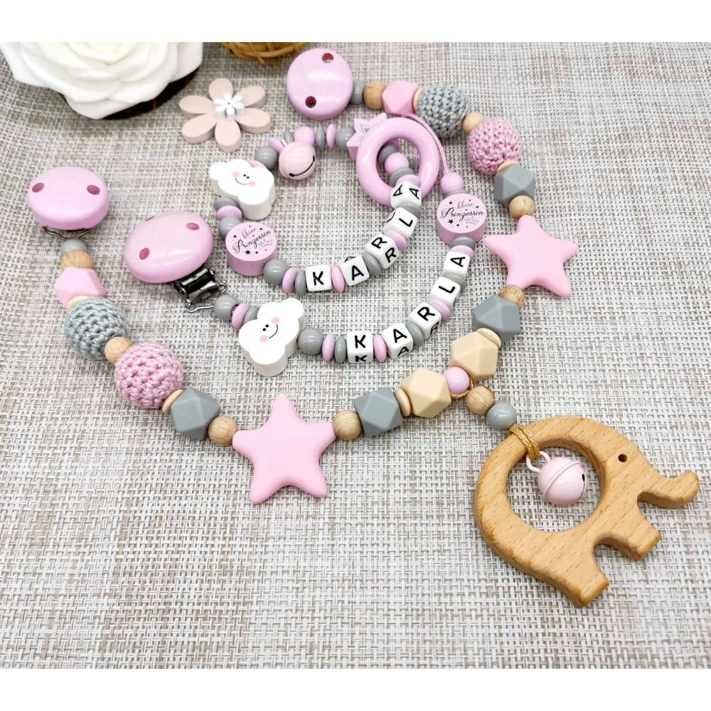 Schnullerkette mit Namen Mädchen ♥ kleine Prinzessin  ♥ rosa grau ♥ Babygeschenk 