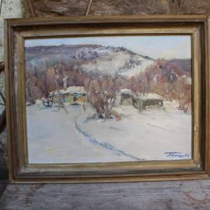 Ölbild russische Winterlandschaft Landschaftsbild im Holzrahmen signiert 1984 Russland Sowietunion Bild 1