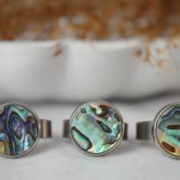 Abalone Muschel Ring Silber, Paua Abalone verstellbarer Ring, Abalone Schmuck, Perlmutt Ring, rund, Statement Ring Bild 6