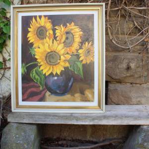 großes Sonnenblumen Acrylbild Stillleben signiert Bild 2