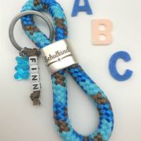 Schulkind Schlüsselanhänger aus Segelseil, Zwischenstück: "Schulkind", blau, türkisblau, braun Bild 1