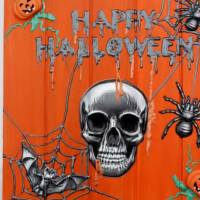Acrylbild Collage HAPPY HALLOWEEN auf  Holzplatte Mixed Media Halloween-Deko  Totenkopf Fledermaus Bild 2