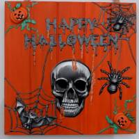 Acrylbild Collage HAPPY HALLOWEEN auf  Holzplatte Mixed Media Halloween-Deko  Totenkopf Fledermaus Bild 3