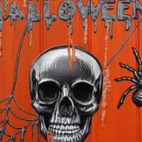 Acrylbild Collage HAPPY HALLOWEEN auf  Holzplatte Mixed Media Halloween-Deko  Totenkopf Fledermaus Bild 5