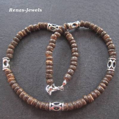 Kinderkette braun silberfarben – Holzkette mit Holzperlen & Metall für Jungen, 37 cm