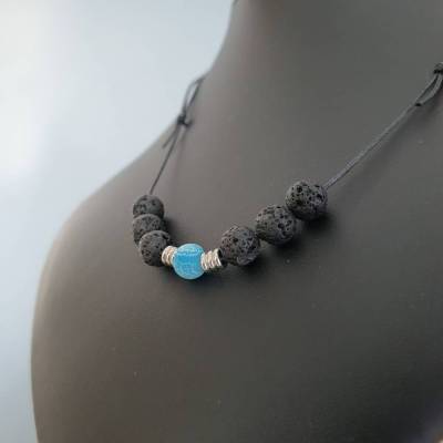 Basic Wikinger Kette in Blau/ Silber Version/Edelstein Perlenkette mit Lava & Blaue Achat Perlen/ Verstellbar 