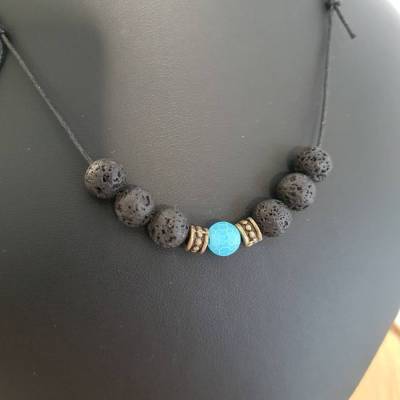 Basic Wikinger Kette in Blau/ Bronze Version/Edelstein Perlenkette mit Lava & Blaue Achat Perlen/ Verstellbar 