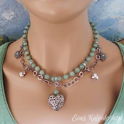 Charivari für den Hals - aufwändige Trachten-Kette aus Aventurin und Silber