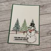 Grußkarte zu Weihnachten oder einfach Danke sagen, Schneemann mit Tannenbäume, 3d Format, Handarbeit, Stampin’Up! Bild 1