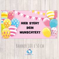 Banner zur Einschulung - Kinderparty - Jubiläum 100 x 50 cm | Bunte Luftballons - rosa Bild 1