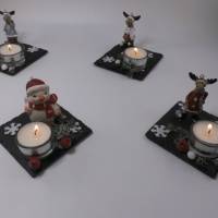Weihnachten Deko Elch oder Spatz mit Teelicht auf einer Schieferplatte Bild 1