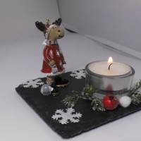 Weihnachten Deko Elch oder Spatz mit Teelicht auf einer Schieferplatte Bild 2