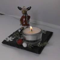 Weihnachten Deko Elch oder Spatz mit Teelicht auf einer Schieferplatte Bild 3
