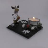 Weihnachten Deko Elch oder Spatz mit Teelicht auf einer Schieferplatte Bild 4