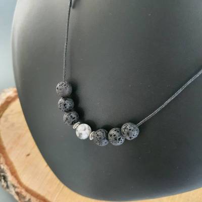 Basic Wikinger Kette in Grau Rosa/ Silber Version/Edelstein Perlenkette mit Lava & Zebra Jaspis Perlen/ Verstellbar 