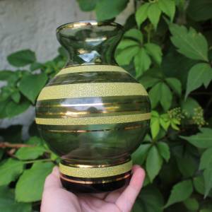 Vase grün gelb gold 70er Jahre Bohemia Glas Bild 5