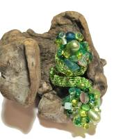 Ring grün Peridot, Prehnit, Abalone und Biwaperlen Spiralring handgewebt in wirework boho ausgefallen Bild 7