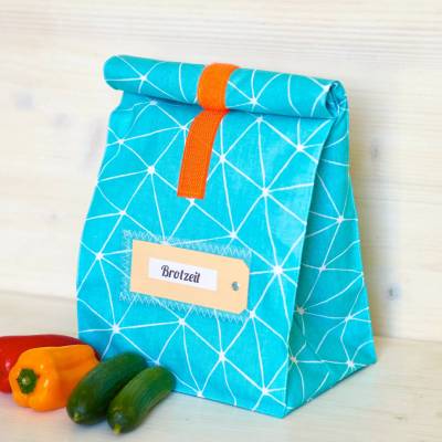 Lunchbox, frühstückstüte, türkis, graphisches muster, beschichtete baumwolle, wasserabweisend