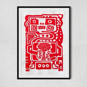 Roboter und Natur Linoldruck Rot A4 Bild 1