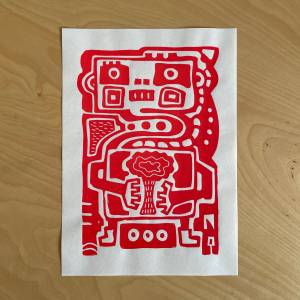 Roboter und Natur Linoldruck Rot A4 Bild 2