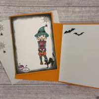 Grußkarte / Glückwunschkarte zu Halloween, „kleine Hexe gratuliert zum Geburtstag“, Fledermäuse, Handarbeit, Stampin‘Up! Bild 1