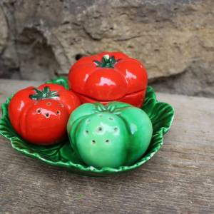 4 tlg. Pfeffer Salz Senf Menage Tomaten rot grün Keramik 70er Jahre Italy Bild 1
