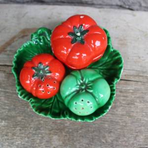 4 tlg. Pfeffer Salz Senf Menage Tomaten rot grün Keramik 70er Jahre Italy Bild 2
