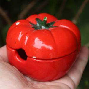 4 tlg. Pfeffer Salz Senf Menage Tomaten rot grün Keramik 70er Jahre Italy Bild 5